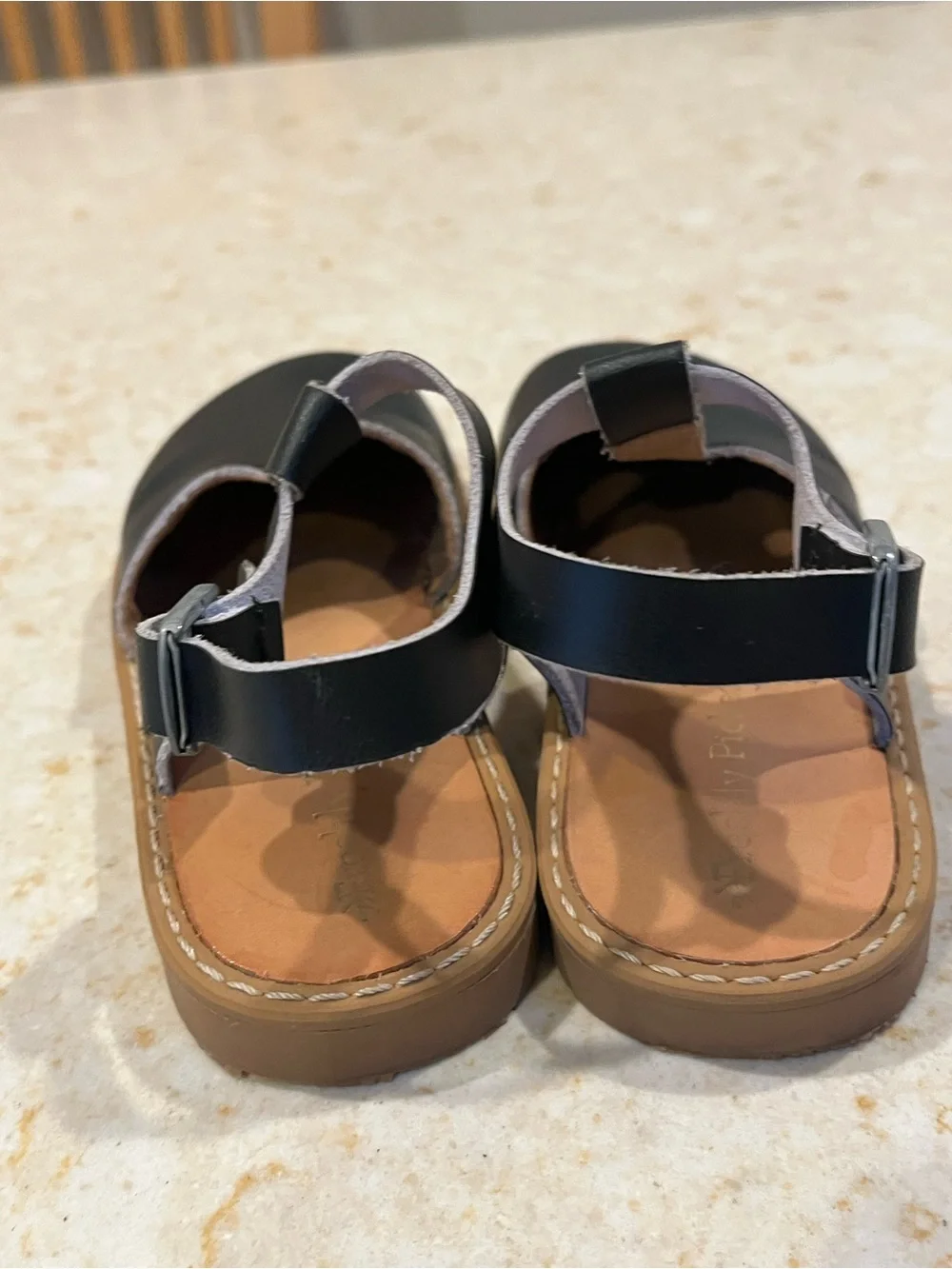 Kids Black T-Strap Leather Sandals